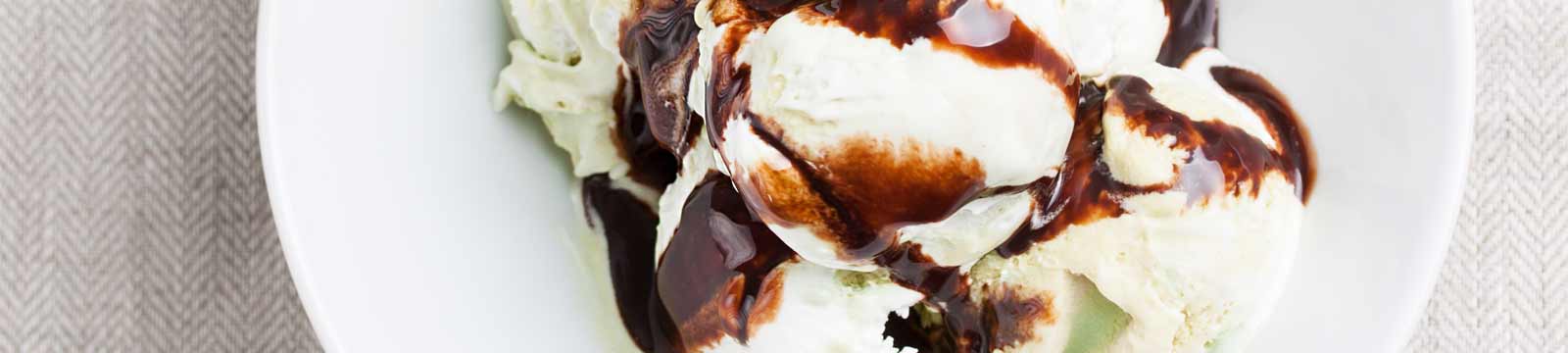 An Ice Cream dessert with fudge topping