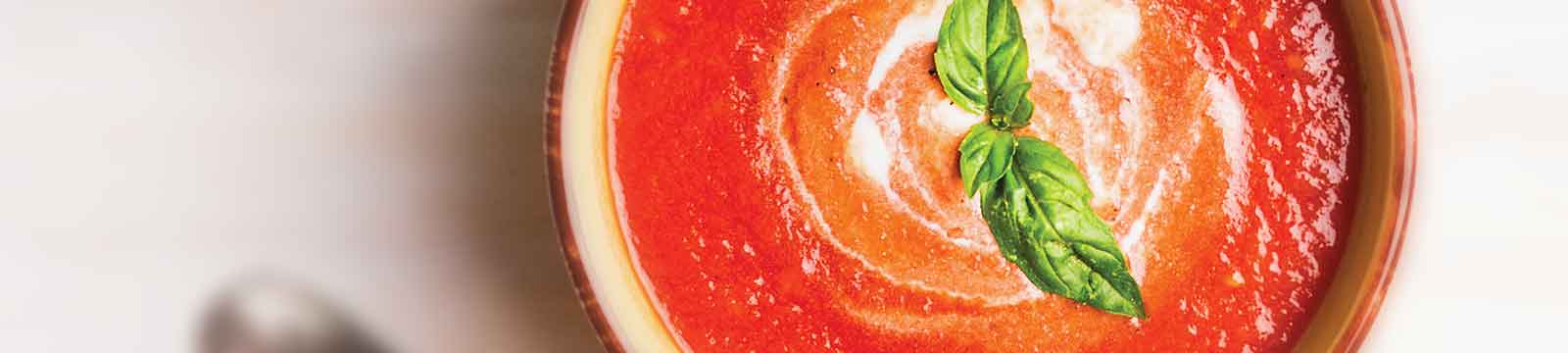 Tomato soup in a bowl with a sprig of garnish